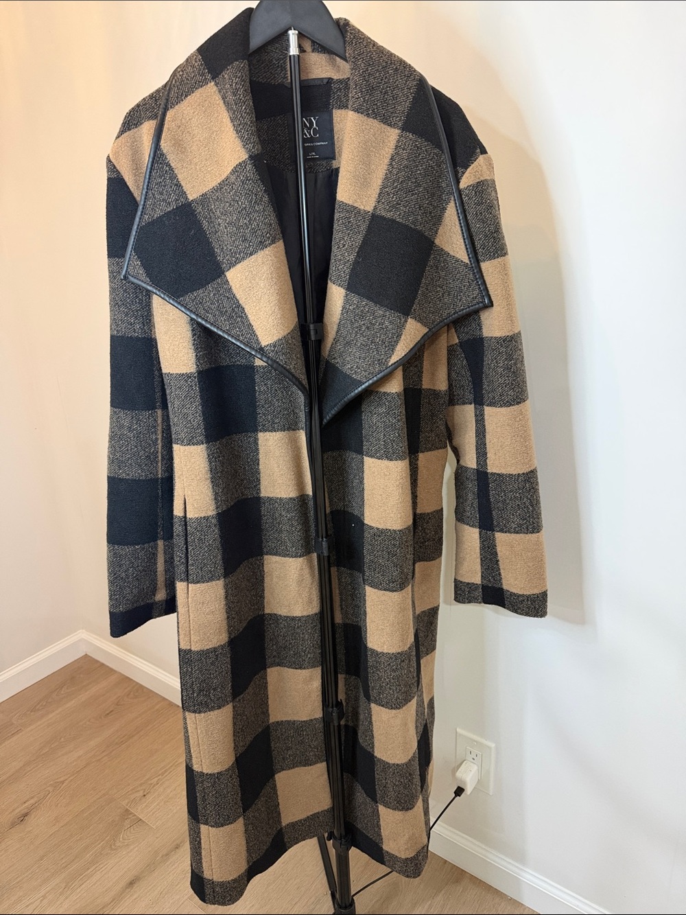 New York & Company Black and Camel Plaid Long Trench Coat